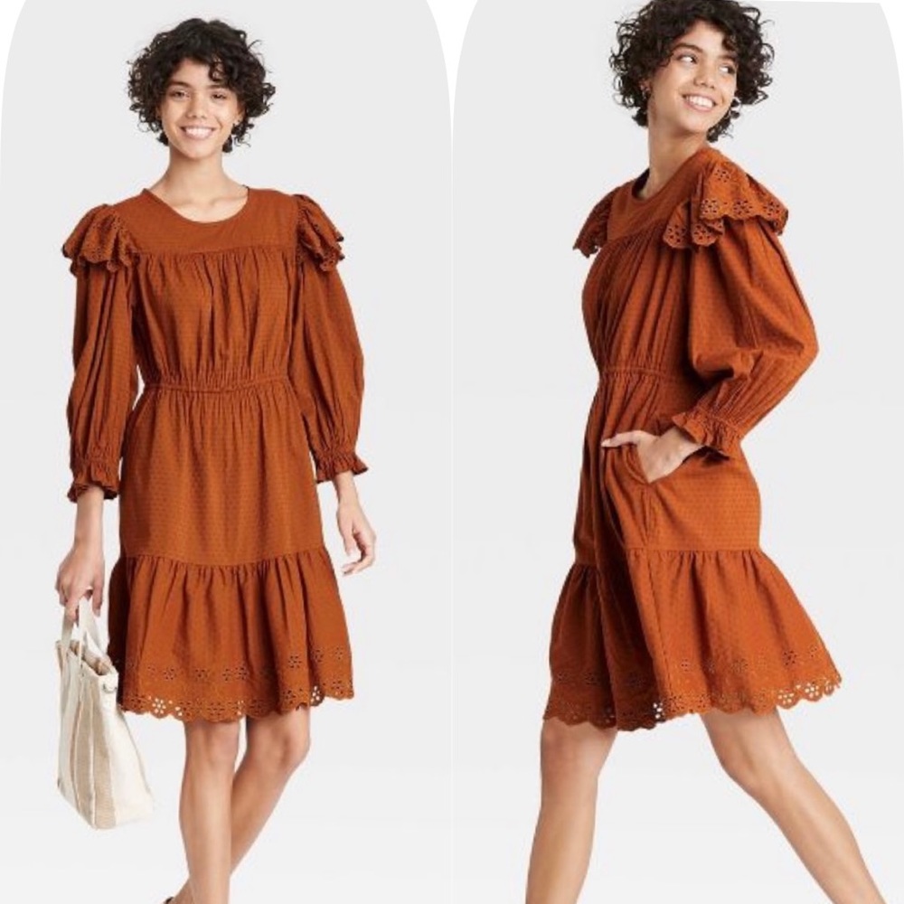 Universal Thread Brown Ruffle Long Sleeve Dress - image 1